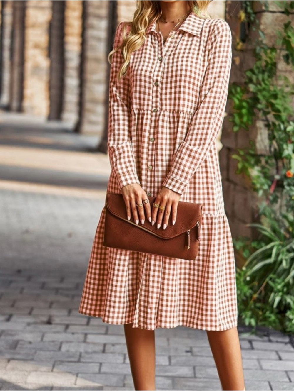 Brown/Orange and cream Gingham Button-Front Tiered Midi Dress
